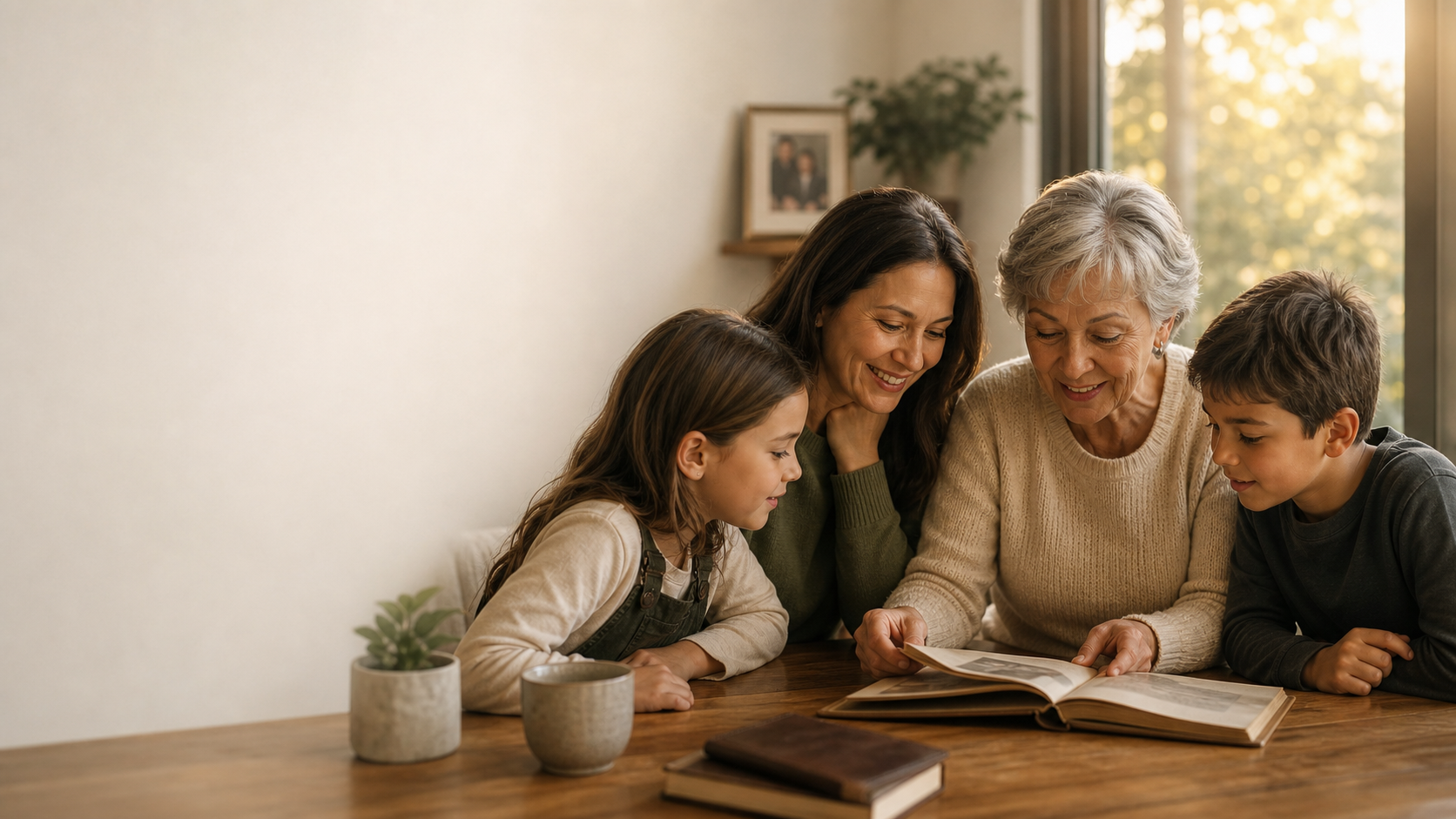 A grandmother, her adult daughter, and two children looking through a family photo album together